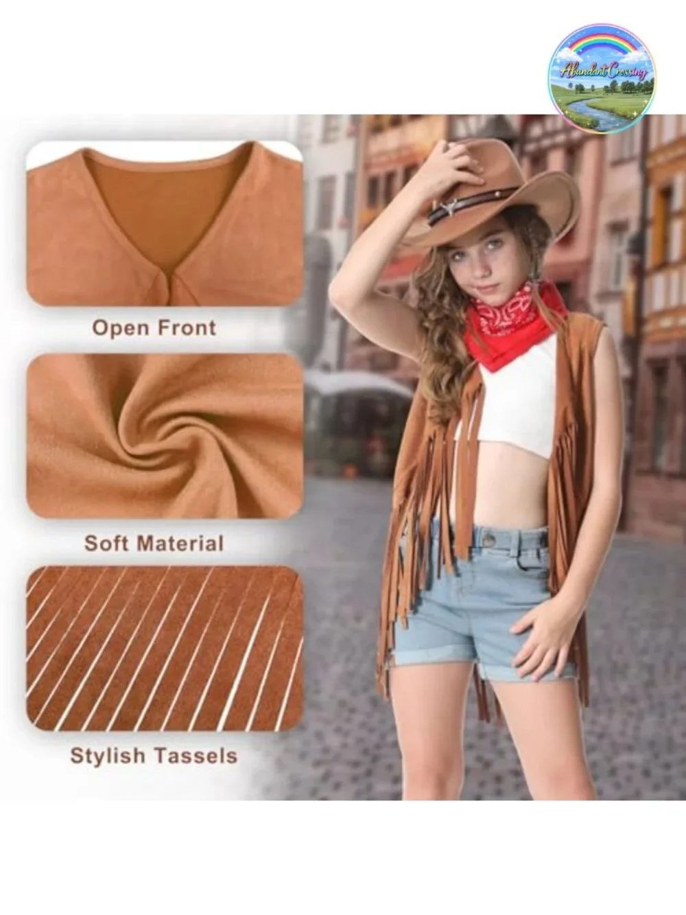 Girls Cowgirl Costume 6 Pc Set Fringe Vest Hat Earrings Halloween Western